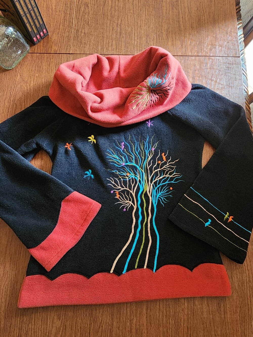 Black and Burnt Orange Embroidered Cowl Neck Fleece Pullover Sweater